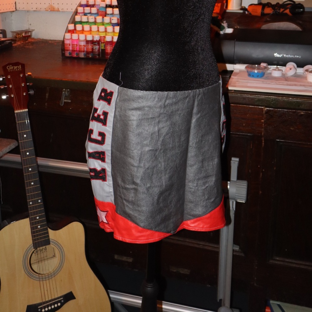Fashion Nova Red and Grey Leather Skirt with Embroidered Letters🤍❤️